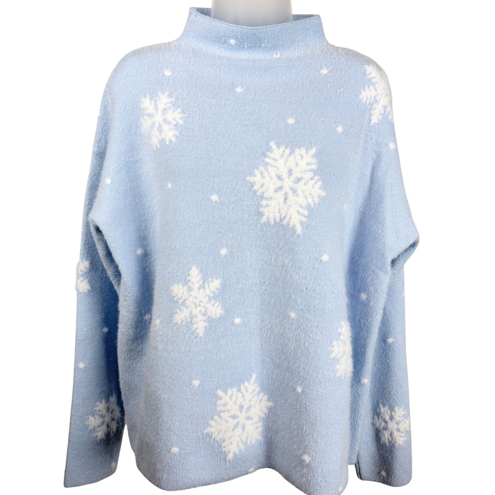 Rachel Zoe XL Blue White Snowflake Fuzzy Mock Neck Winter Holiday Sweater NWT